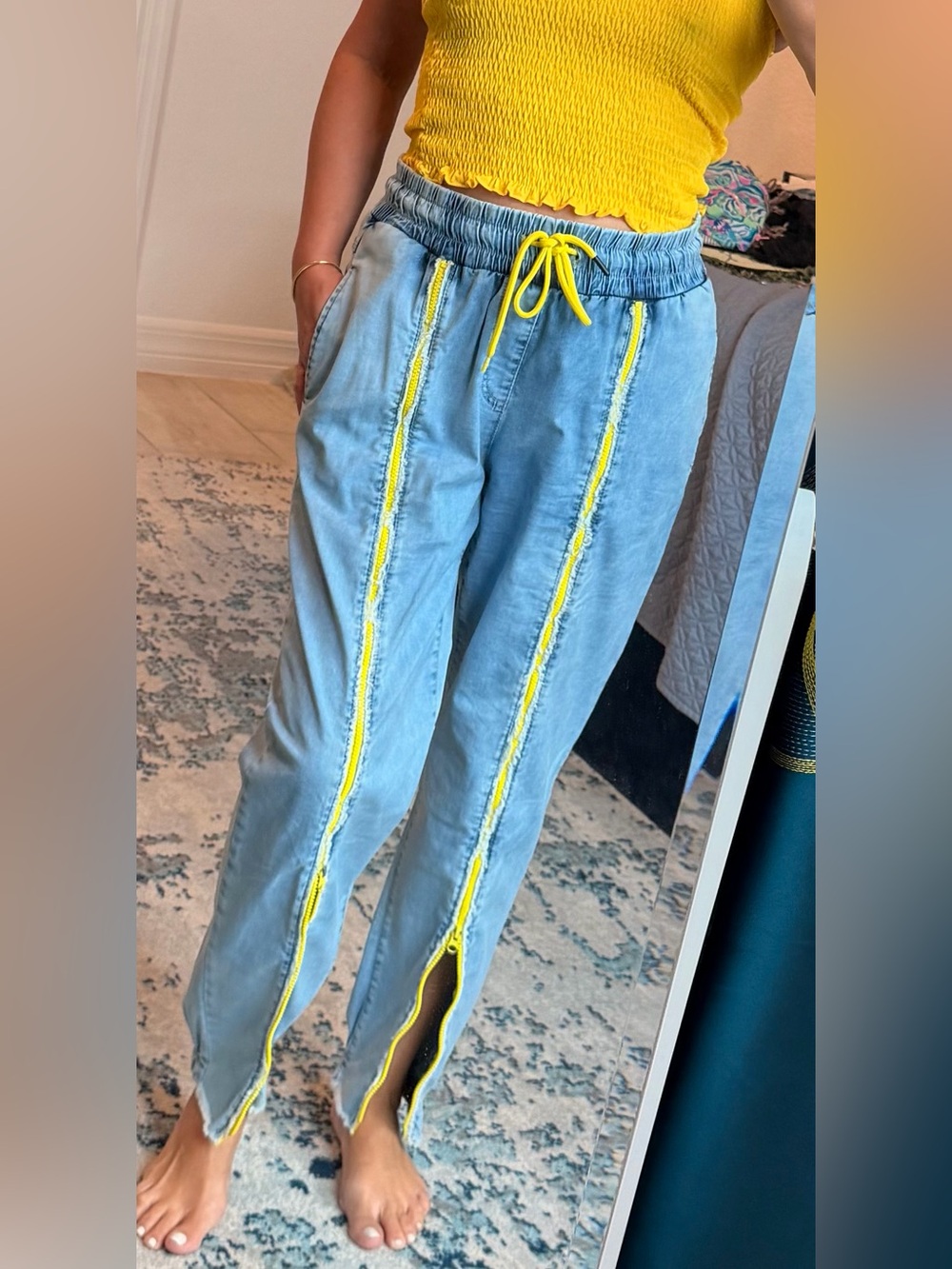 Women’s Light Blue Denim Jogger Pants with Yellow Zipper